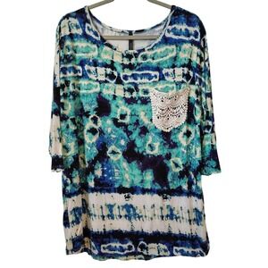 VOLL Women's Tunic Top Medium Blue Green Tie Dye Print Crochet‎ Artsy Comfy